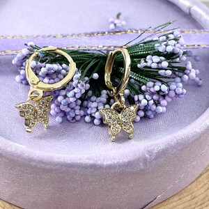 18K Gold Plated Dainty CZ Pave Butterfly Dangle Huggie Earrings