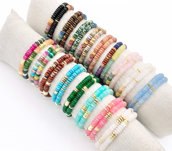 6mm Assorted Gemstone Stretchy Bracelets Colorful Rondelle with Gold Plated Spacers Beaded Bracelets 6.5" Price For 1
