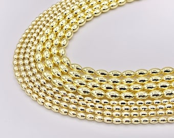 Hematite Puffy Rice Shape Shiny Beads | Real 18K Gold Plated Stone Beads 3mm 5mm Around 16"