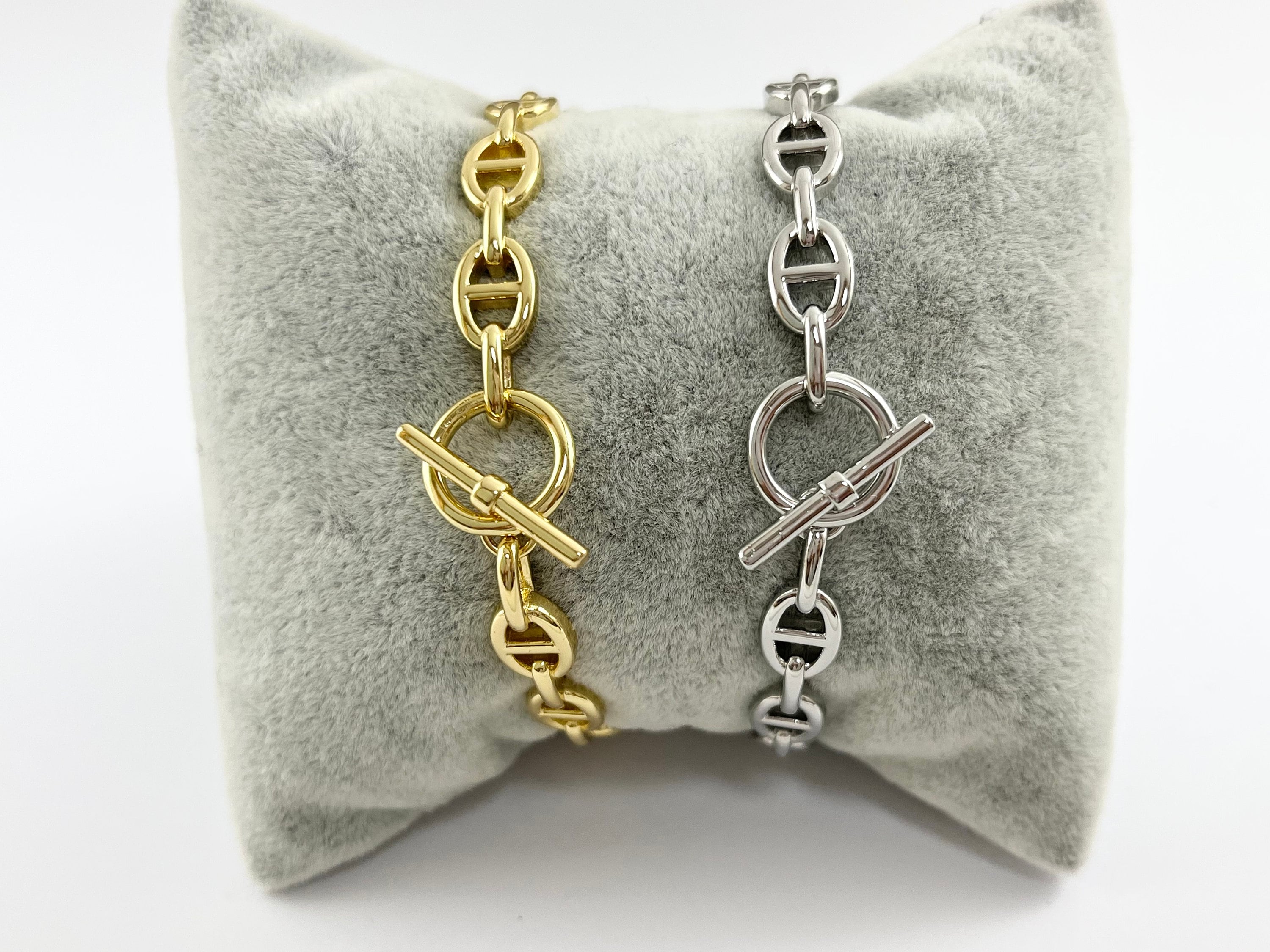 Real Gold/Platinum 18K Plated Copper Simple Oval Mariner Anchor Chain Linked Bracelet Cuffs/Bangle with Toggle
