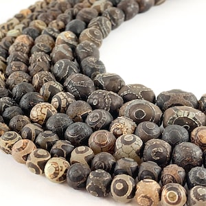 Tibetan Dzi Agate Round and Football/Barrel Shape Natural Gemstone Beads 14&quot;