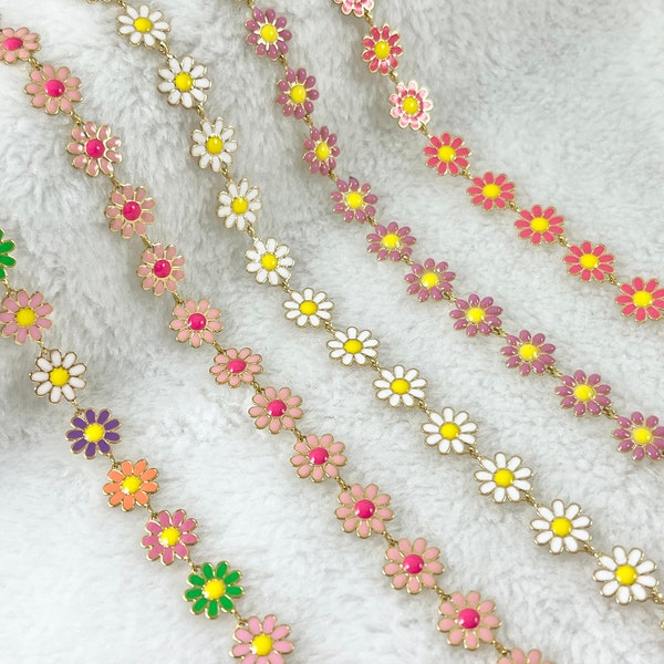 18K Gold Plated Enamel Plated Copper Daisy Flower Chain By The Foot/Yard For Jewelry Making