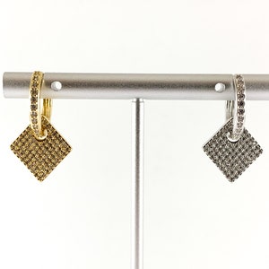 Real Gold/Platinum 18K Micro CZ Pave Dangle Diamond Shape Earring Huggies