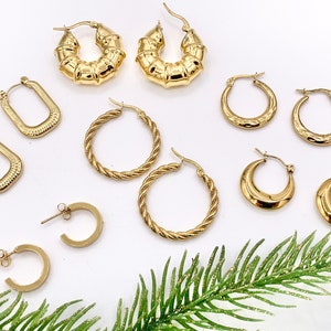 May include: A set of 10 gold hoop earrings in various styles and sizes. The earrings are arranged on a white surface with a green pine branch in the bottom right corner.