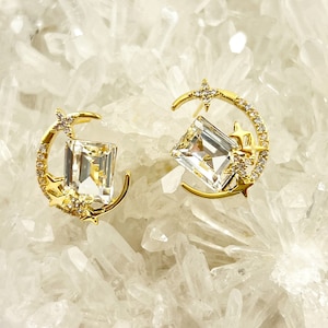 Gold CZ Pave Moon Crescent Starburst Celestial Earring Studs in 18K Gold Plating over Copper