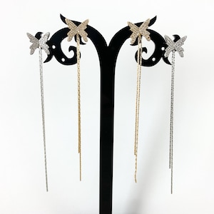 18K Gold/Platinum Plated CZ Pave Dainty Delicate Butterfly Fringe Tassel Earrings Over Copper
