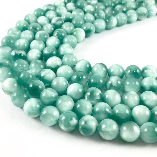 Grade AAA Green Angelite/ Green Moonstone/ Aqua Green Angelite Round Smooth Shiny Natural Gemstone Beads 15"-16"