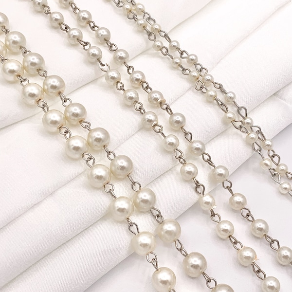 Vintage Glass Pearl Imitation White/Cream Pearl Rosary Style Beaded Chain With Silver Wire By Foot/Yard 4mm 6mm 8mm