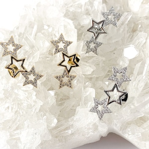 Real 18K Gold/Platinum Plated CZ Pave Triple Star Earring Stud Over Copper