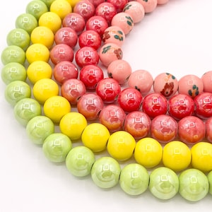 Ceramic Porcelain Beads Round Shiny Glossy Beads For Jewelry Making Yellow Green Red Flora 11-12&quot;