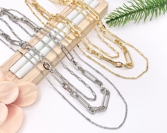 Maximalist 3 Layers Paperclip Chain Necklace in 18K Gold/Silver Plated Copper Layered Necklace with Extension Link