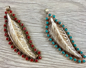 Tibetan Silver Bone Feather Pendant with Turquoise or Coral
