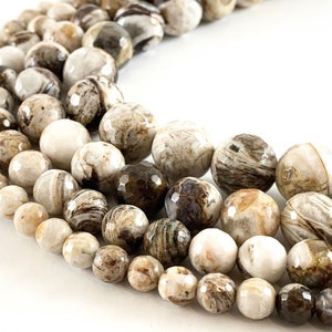 Brioche Agate / Petrified Wood Round Faceted Shiny Natural Gemstone Beads