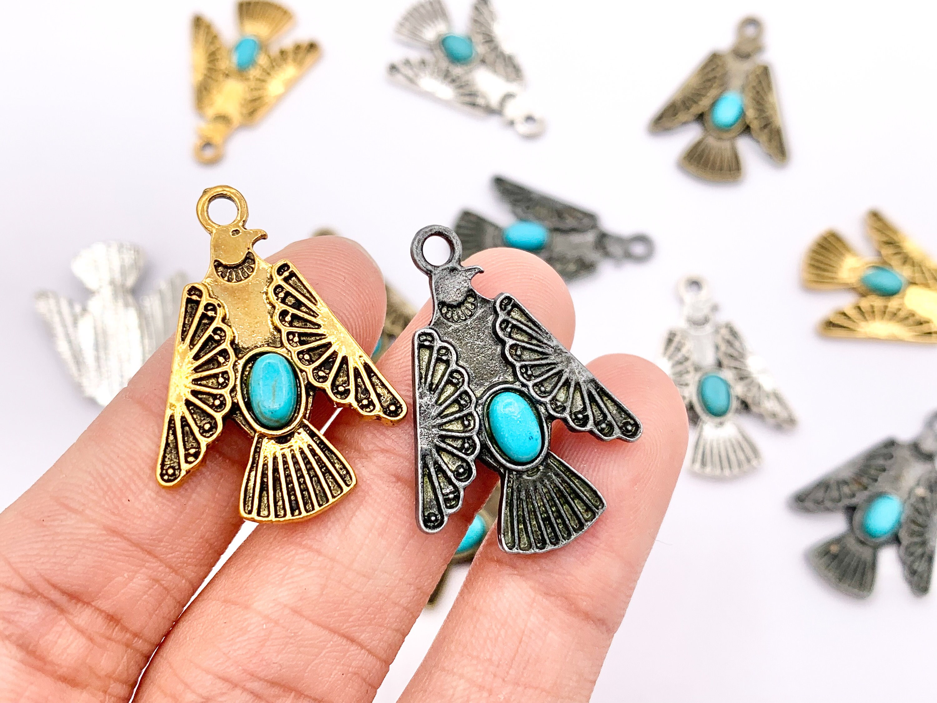 3 Silver Thunderbird Charm Pendant With Turquoise for
