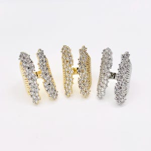 2 Tone Thick Chunky Front Open Adjustable Ring in Real Gold/Platinum 18K Plated Copper CZ Pave