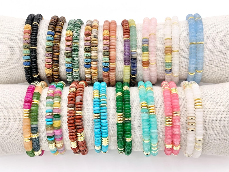 Bracelets extensibles de pierres précieuses assorties de 6 mm Rondelle colorée avec entretoises plaquées or Bracelets de perles 6,5 pouces Prix pour 1 image 2