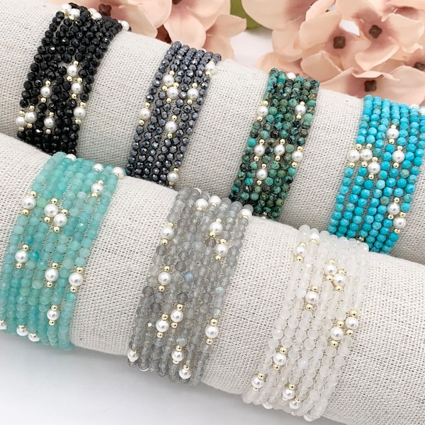 Assorted Stones With Pearls Dainty Stackable Stretchy Bracelet 1 piece Black Spinel, Terahertz, African Turquoise, Magnesite And More