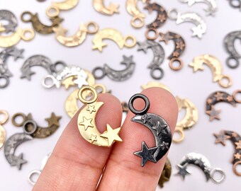 11x18mm Pewter Cute Moon Crescent with Stars Charm in Gold, Silver, Brass, Copper, Gunmetal and Matte Gold | Bulk Option Available