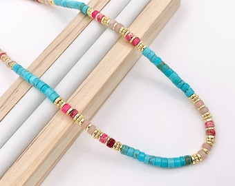 Delicate Assorted Stone Magnesite Heishi Necklace 18K Gold Plated Copper Spacers & Clasps Cute Choker Finished Necklace 15-16"