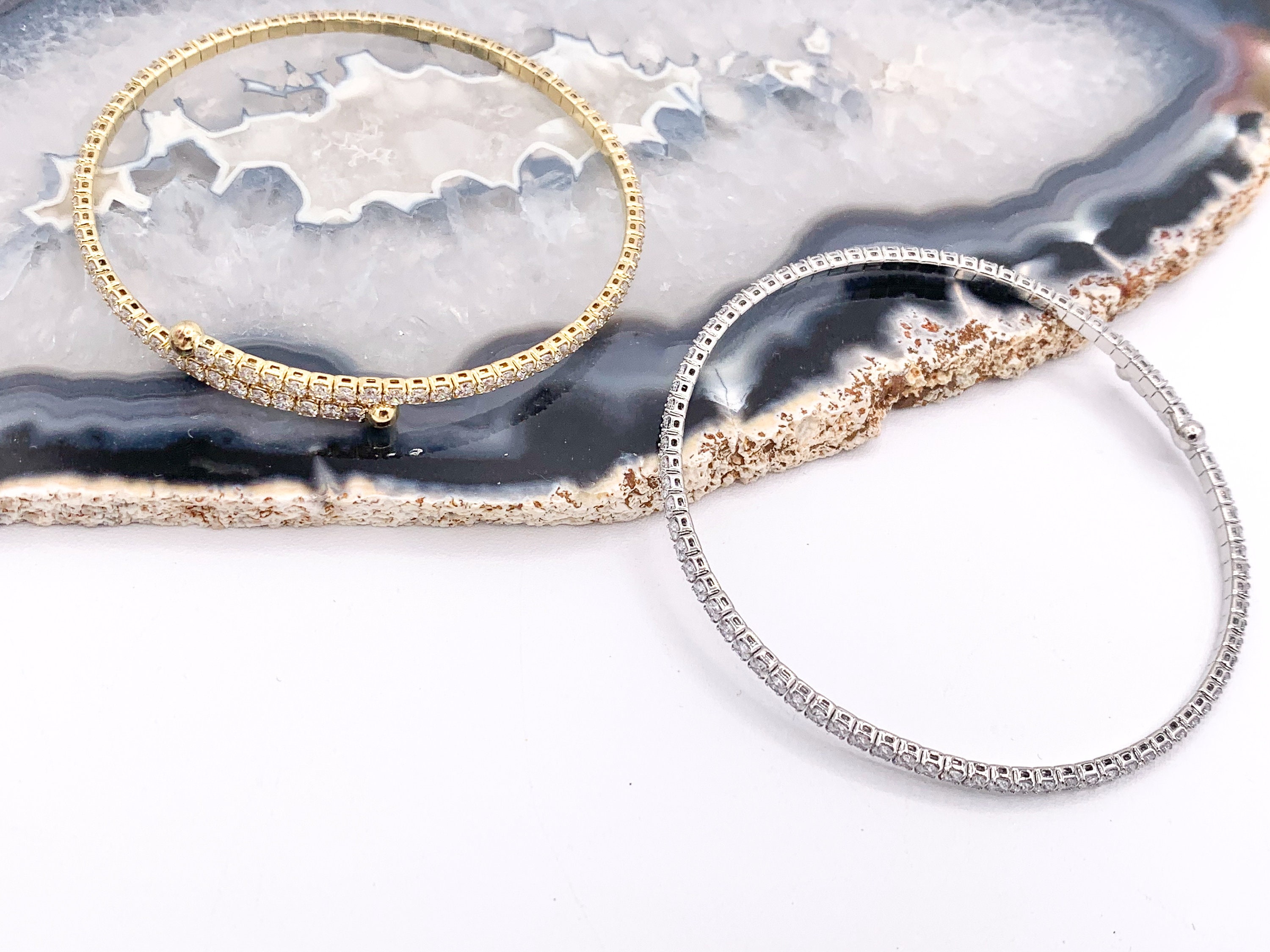 CZ Pave Dainty Rhinestone Baguette Fancy Flexible Bracelet Cuffs In Real Gold/Platinum 18K Plated Copper