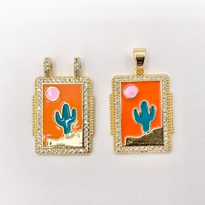 Colorful Enamel Cactus Rectangle Tag Pendant With 2 Loops in Real Gold 18K Plated Over Copper