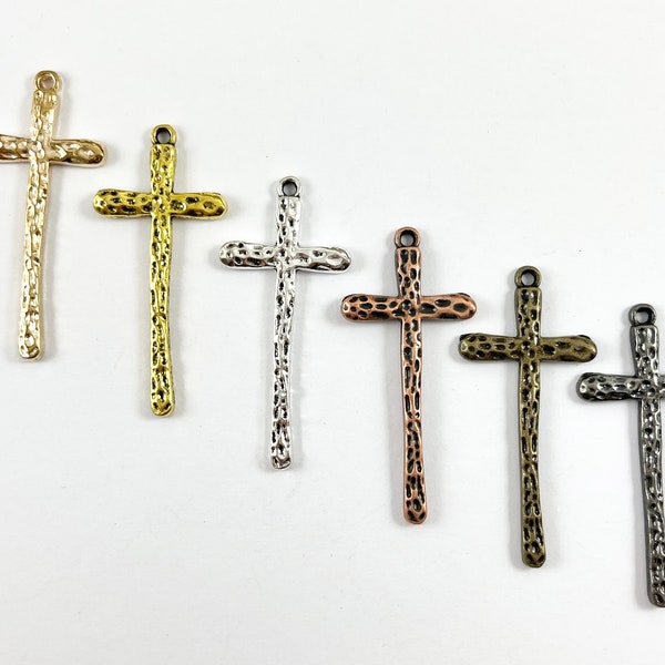 21x47mm Pewter Hammered Religious Cross Pendants Bulk Order in Rosy Gold, Antique Gold, Silver, Copper, Brass and Gunmetal