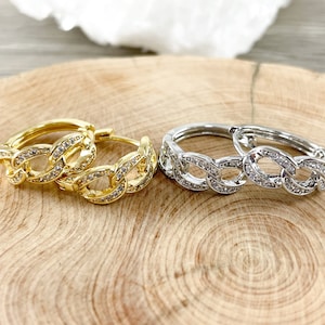 Real Gold/ Silver Plated CZ Pave Chain Link Earring Huggies Over Copper