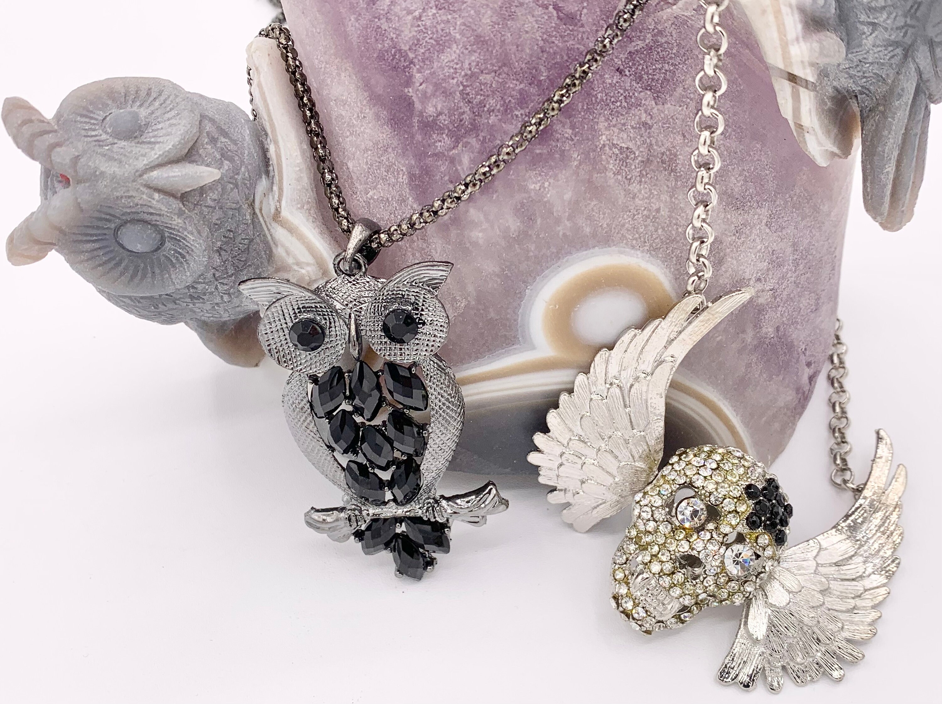 Halloween Necklaces Pewter Crystal 24" Gunmetal Owl & 27" Silver Skull Necklaces