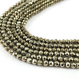 Pyrite Faceted Round Rondelle Hand Cut Tiny Shiny Beads 2mm 3mm 4mm For Jewelry Making 15&quot;-16&quot;