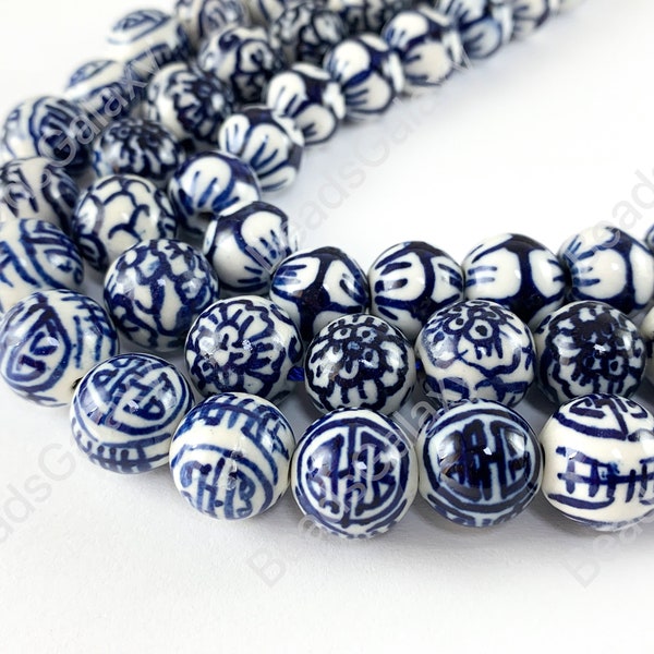 12mm Hand Painted China Porcelain Ceramic Blue White Cloisonne Vintage Antique Round Beads Around 8-8.5"