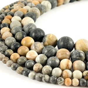 Matte Black Picasso Jasper Round Smooth Natural Gemstone Beads 15&quot;- 16&quot;