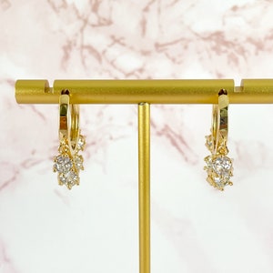 18K Gold Plated Dainty CZ Pave Coin Dangle Huggie Hoop Earrings