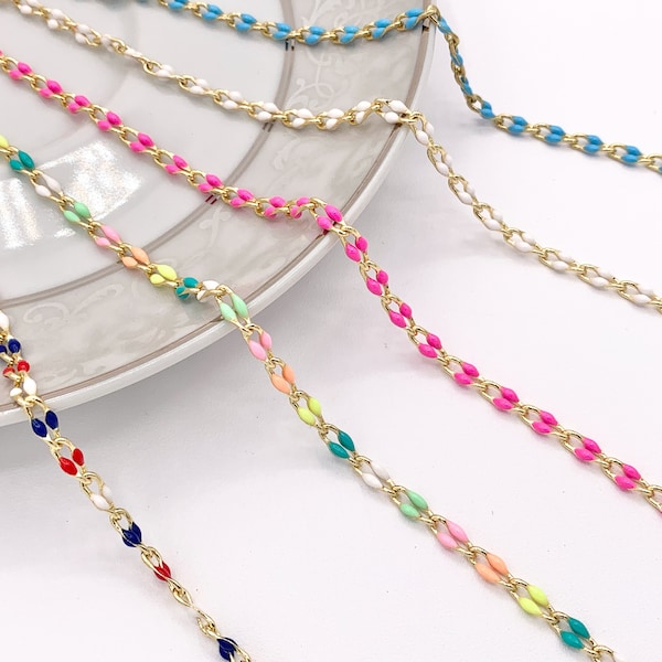 18K Gold Plated Colorful Enamel Plated Copper Skinny Twisted  Link Chain By The Foot/Yard For Summer Jewelry Making And Designs