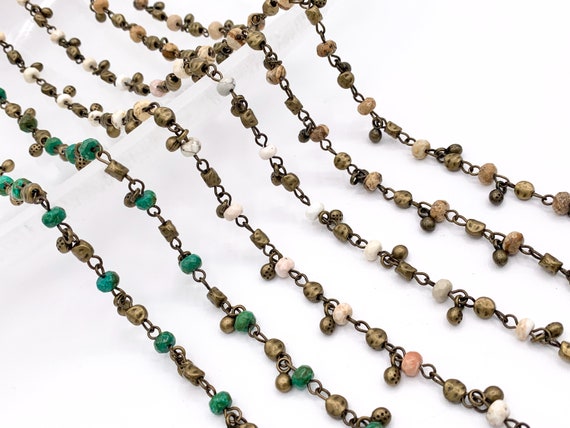 Vintage Dangle Picture Jasper/ Magnesite Natural Stone Rondelle Faceted Rosary Style Beaded Chain With Brass Wire By Foot/Yard 6mm