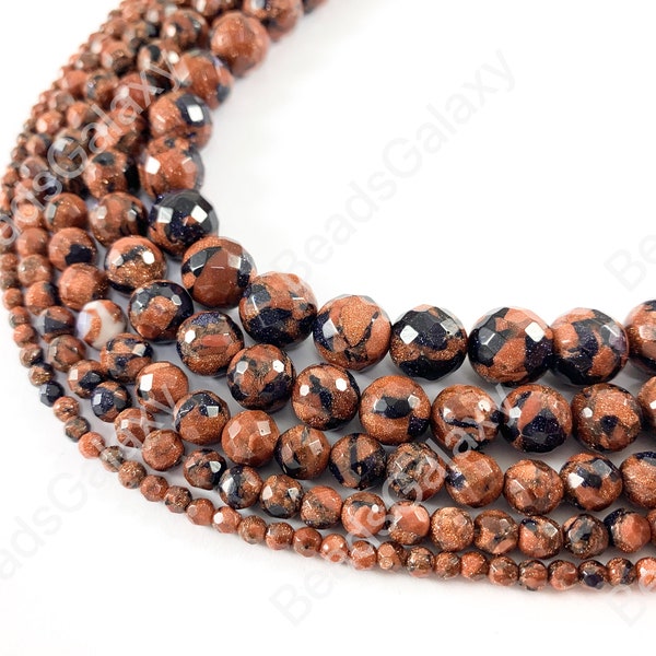 Goldstone Blue Reddish-Brown Glittering Shimmer faceted Round Beads Around 15"