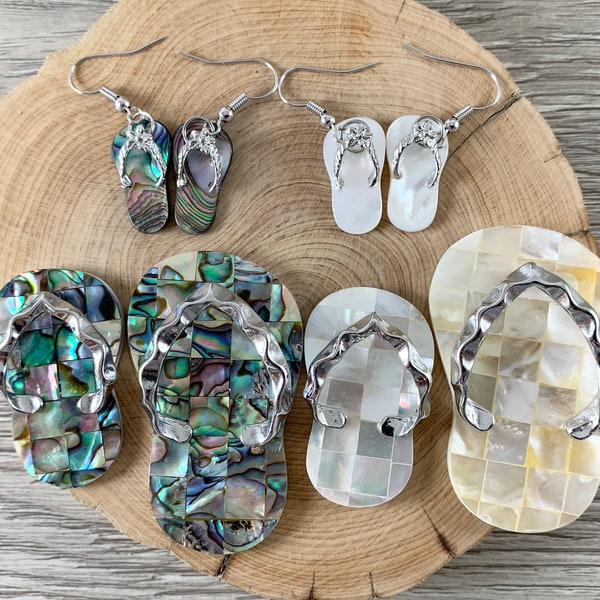 Abalone and Trocas Shell Flip Flop Beach Sandal Pendant & Matching Earrings Summer Time Beach Jewelry 1pc/pair