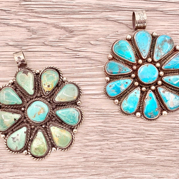 Tibetan Silver Natural Turquoise Large Flower Daisy Floral Pendant Handmade Pendant & Rings