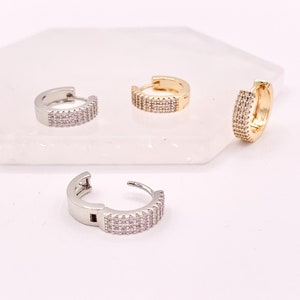 Gold Earring Huggies with Cubic Zirconia Rhinestones in 18K Gold or Silver Plated Copper