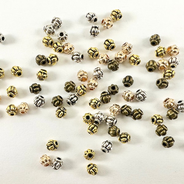 4mm Pewter Pumpkin Shaped Ribbed Spacer Beads Tiny Space Beads for Jewelry Making Antique Gold, Rosy Gold, Silver, Bronze