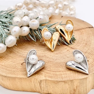 Real 18K Gold/Silver Plated Pearl Heart Earrings Over Copper