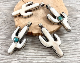 Tibetan Silver Bone Cactus Pendant with Turquoise Handmade Pendant