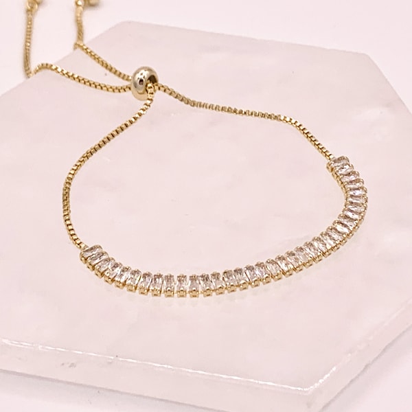 Dainty Baguette Cut CZ Pave Rhinestone Box Chain Dainty Slide Adjustable Bracelets in 18K Gold Plated Copper