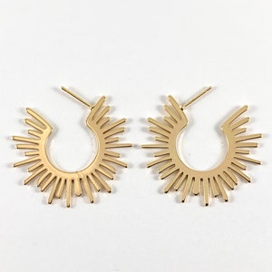 Real 18K Gold Plated Sunburst Abstract Radiant Earring Hoops Over Copper