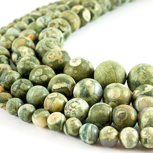 Matte Ryolite/Rain Forest Jasper Round Smooth Natural Gemstone Beads 15&quot;-16&quot;