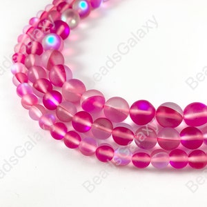Matte Iridescent Hot Pink Imitation of Moonstone, Mermaid Glowing Glass Round Beads Around 15-16&quot;