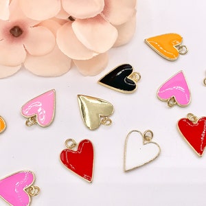 Enamel Heart Charm Pendants in 18K Gold Plated Over Copper Pink Orange Red Black