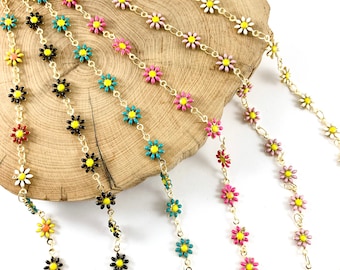 18K Gold Plated Enamel Plated Copper Daisy Flower Chain By The Foot/Yard For Bracelets Necklaces Making