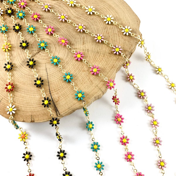 18K Gold Plated Enamel Plated Copper Daisy Flower Chain By The Foot/Yard For Bracelets Necklaces Making