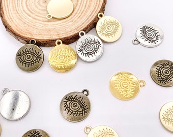 16mm Pewter Evil Eye Carved Circle Pendants Curved Coin One Sided Charms Bulk Order in Gold, Matte Gold, Silver, Brass