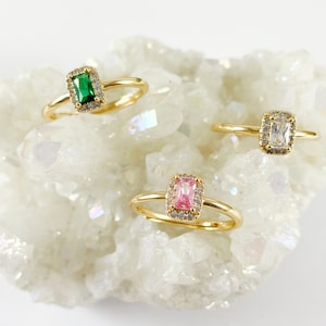 18K Real Gold Plated Rectangle CZ Pave Emerald Cut Solitaire Halo Pink Diamond Adjustable Ring